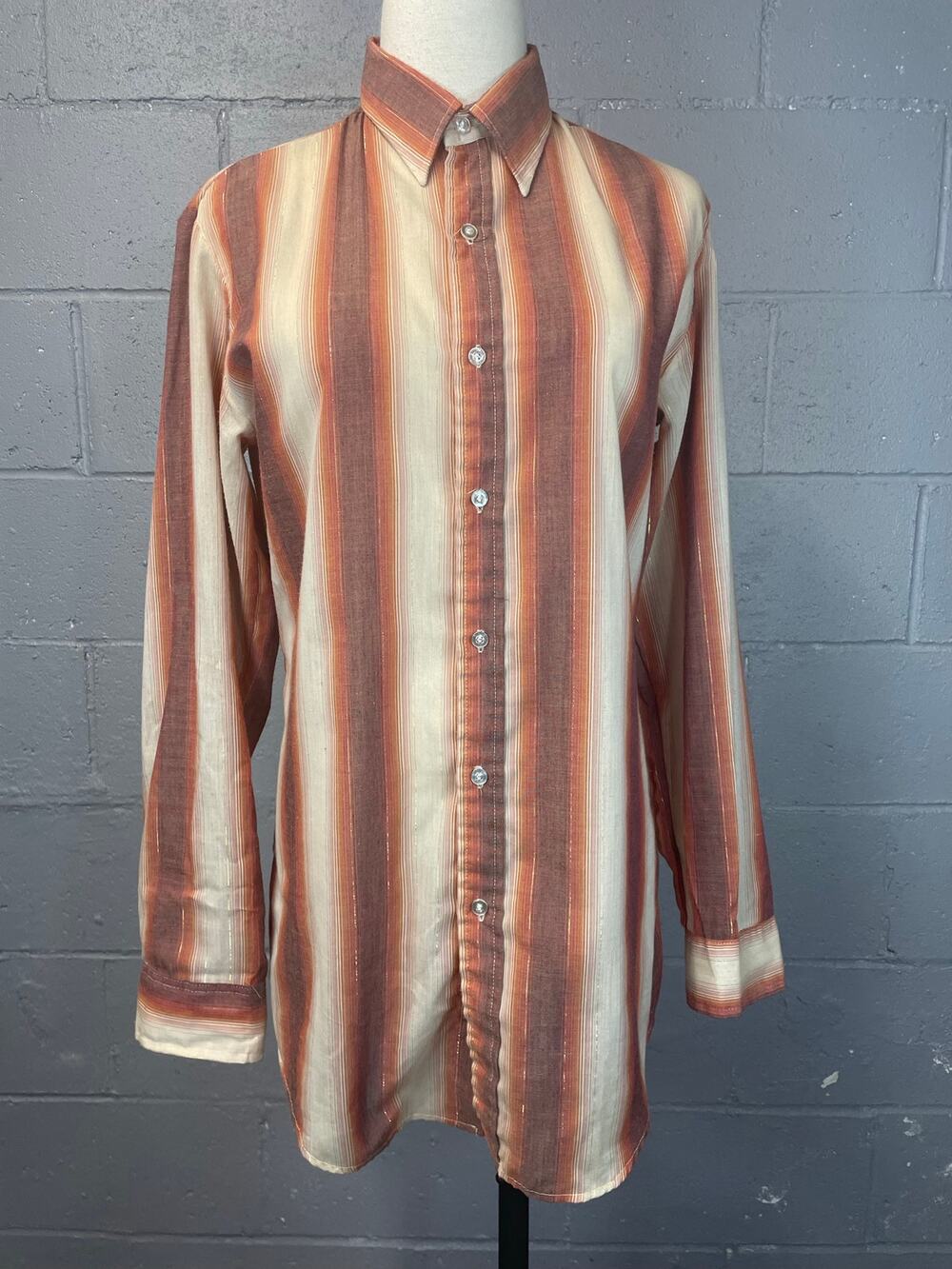 Vintage 1970s Desert Stripes Western Shirt Earth Tones Metallic Dagger Collar